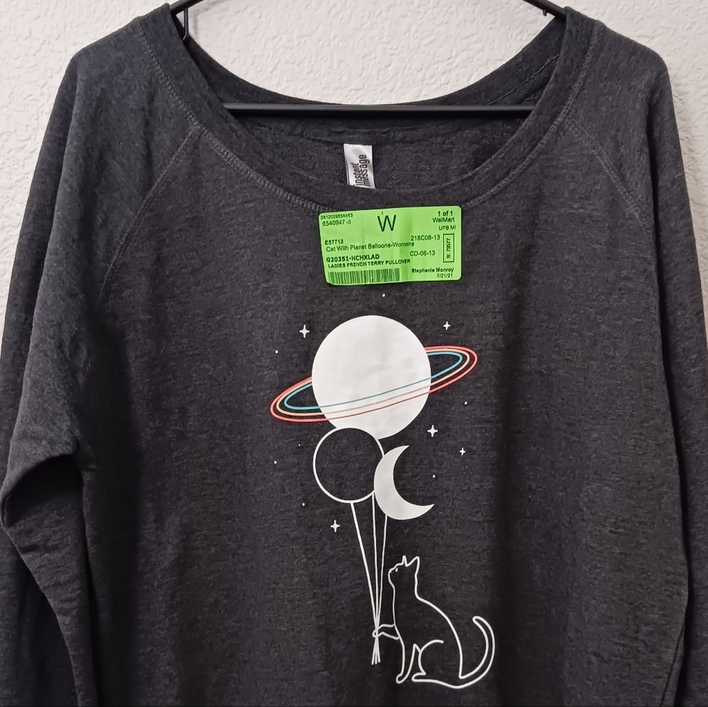 Womens Ladies Charcoal Gray Cat With Planet Balloons Sweatshirt- XL